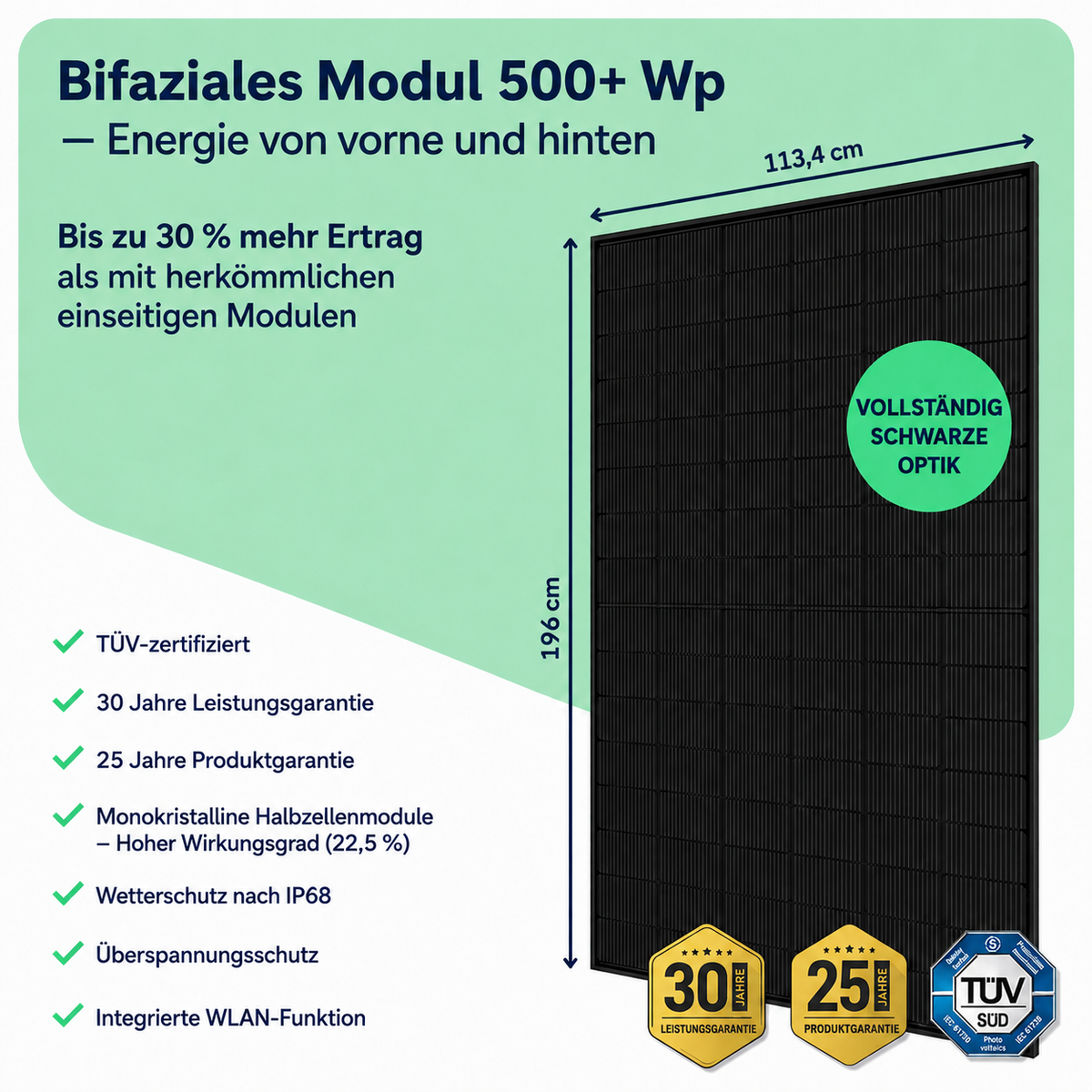 Bifaziales Solarmodul 500+ Wp in Full Black, 196 x 113,4 cm, TÜV-zertifiziert