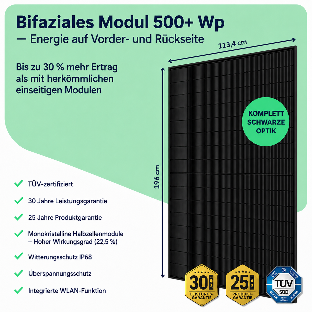 Bifaziales Solarmodul 500+ Wp in Full Black, 196 x 113,4 cm, TÜV-zertifiziert mit 30 Jahren Leistungsgarantie