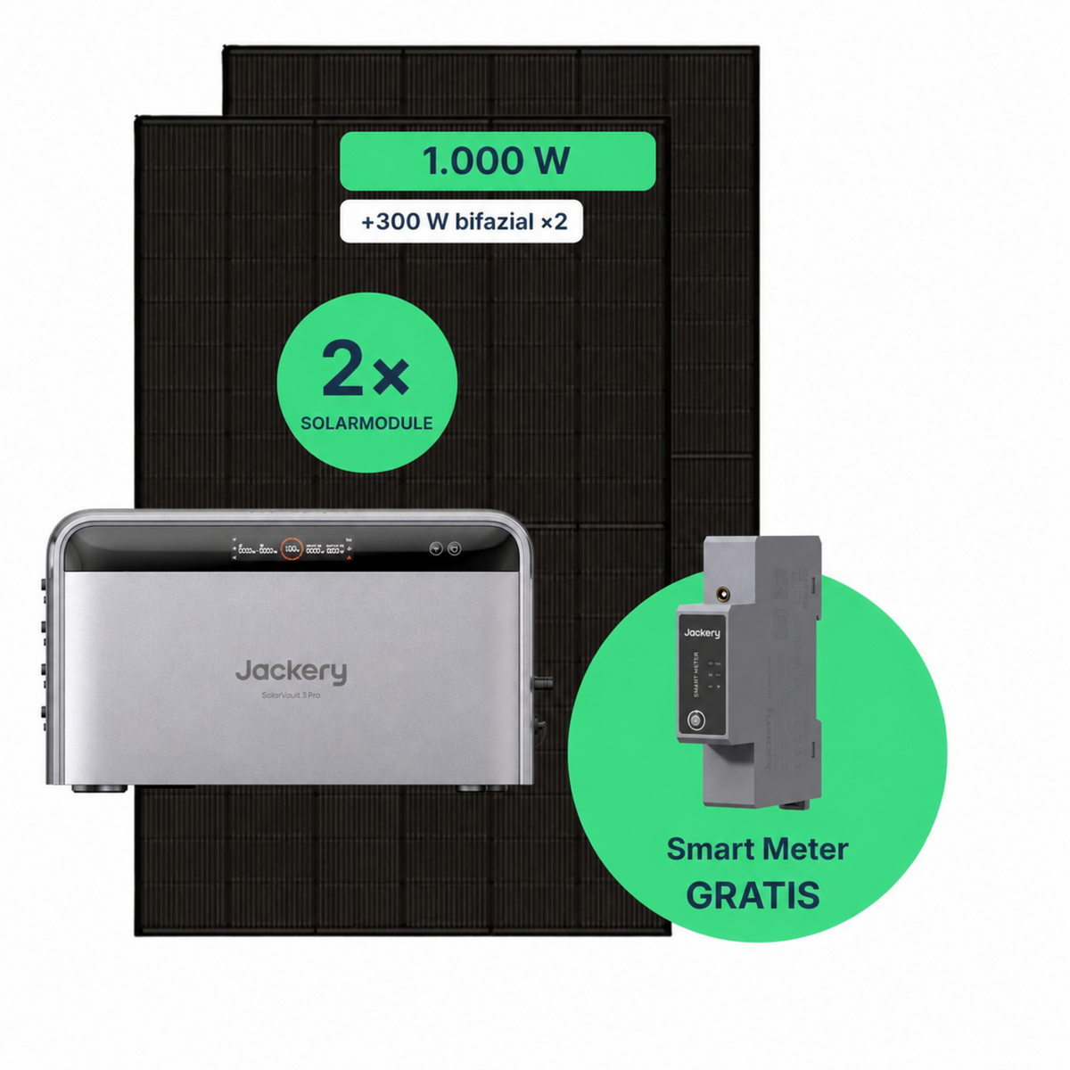 Balkonkraftwerk 1000 W Komplettset mit zwei Solarmodulen, Jackery SolarVault 3 Pro und gratis Smart Meter