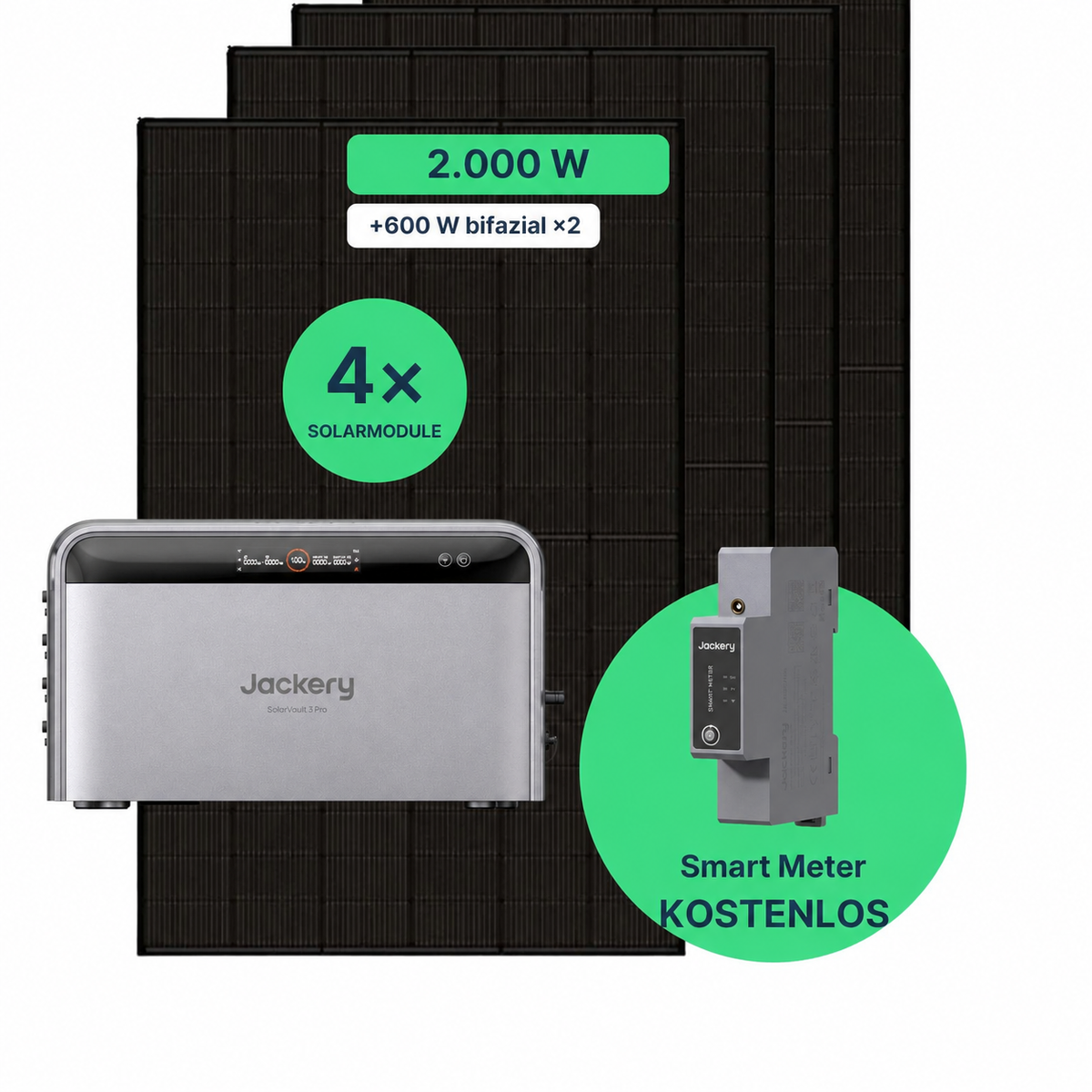 Balkonkraftwerk 2000 W Komplettset mit vier Solarmodulen, Jackery SolarVault 3 Pro und kostenlosem Smart Meter