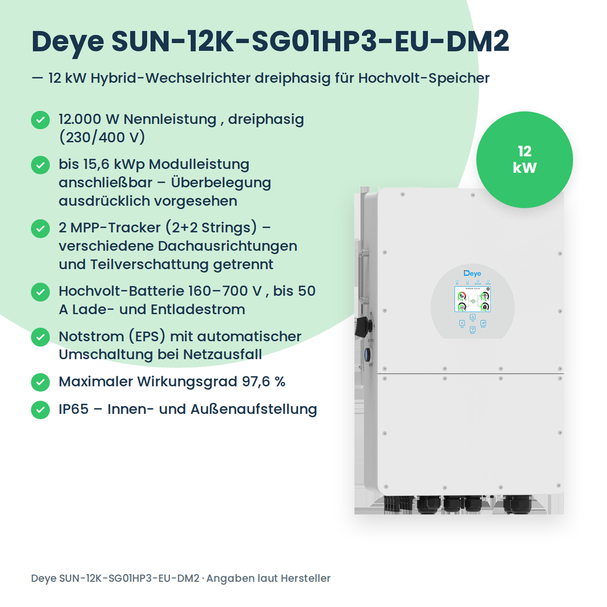 Deye SUN-12K-SG01HP3-EU-DM2 – 12 kW hybride omvormer driefasig voor hoogvolt-batterijen