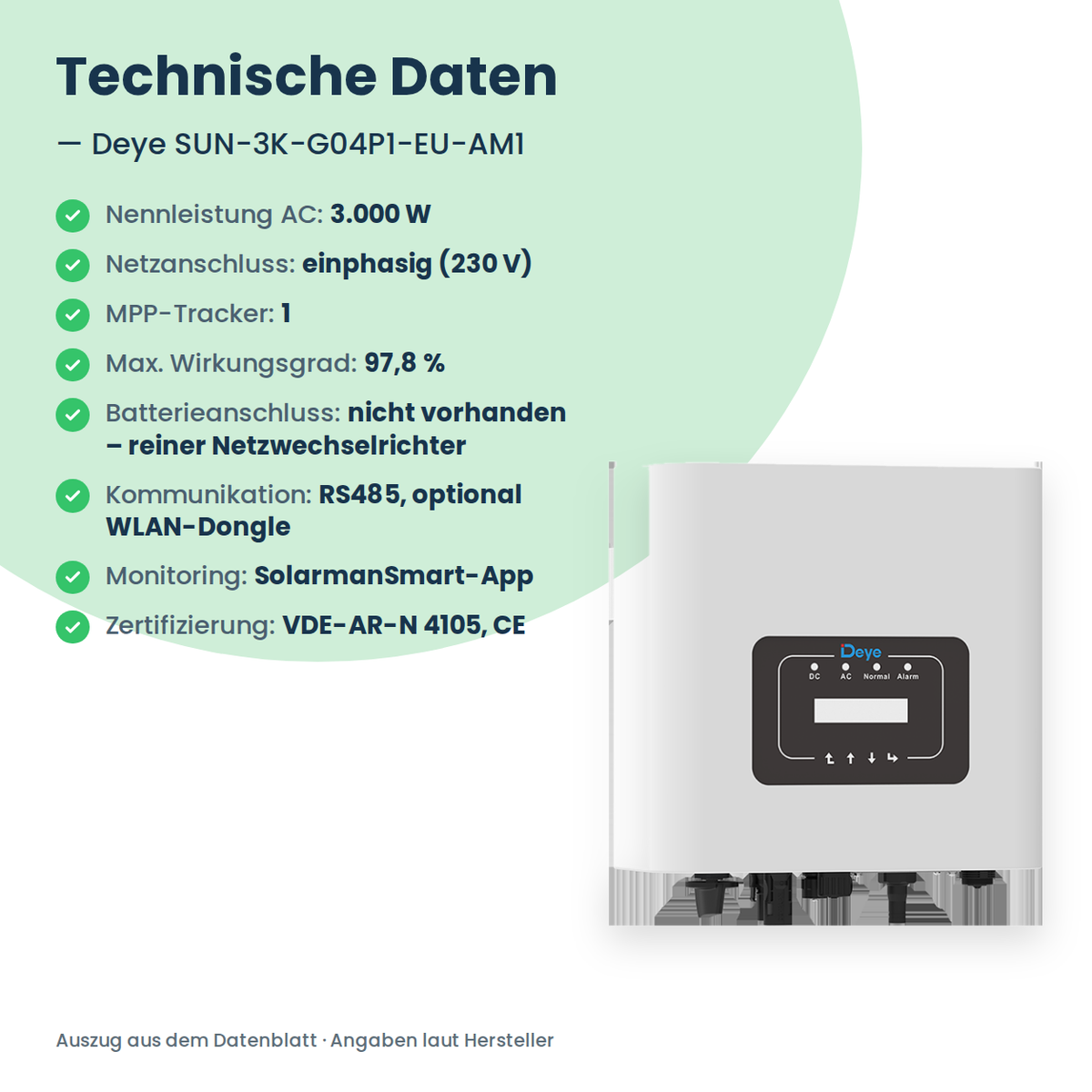 Deye SUN-3K-G04P1-EU-AM1 – 3 kW stringomvormer eenfasig met 1 MPP-Tracker