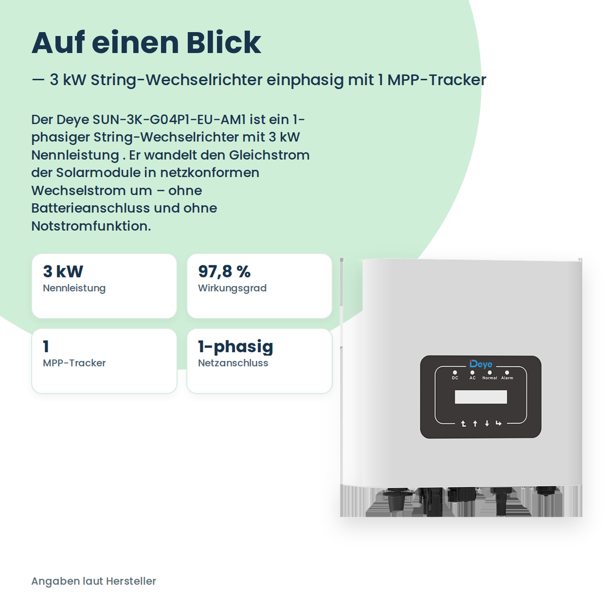 Deye SUN-3K-G04P1-EU-AM1 – 3 kW stringomvormer eenfasig met 1 MPP-Tracker