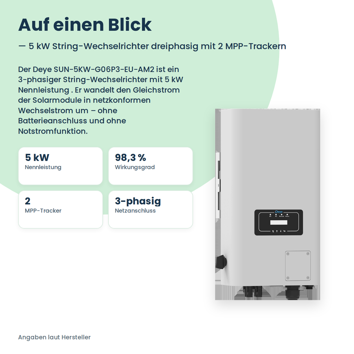 Deye SUN-5KW-G06P3-EU-AM2 – 5 kW stringomvormer driefasig met 2 MPP-Trackern