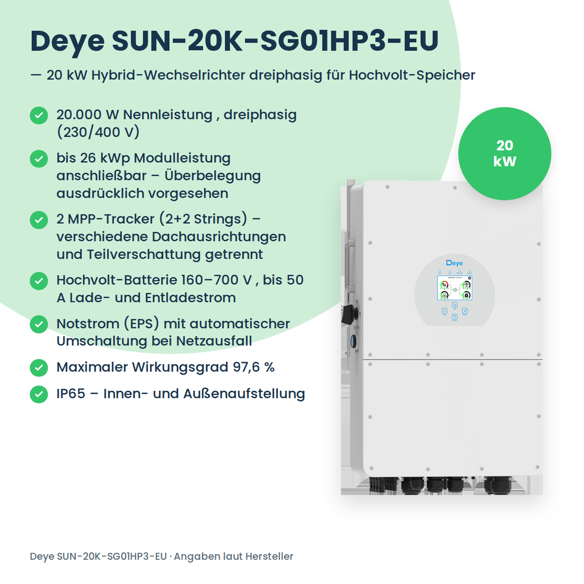 Deye SUN-20K-SG01HP3-EU – 20 kW hybride omvormer driefasig voor hoogvolt-batterijen