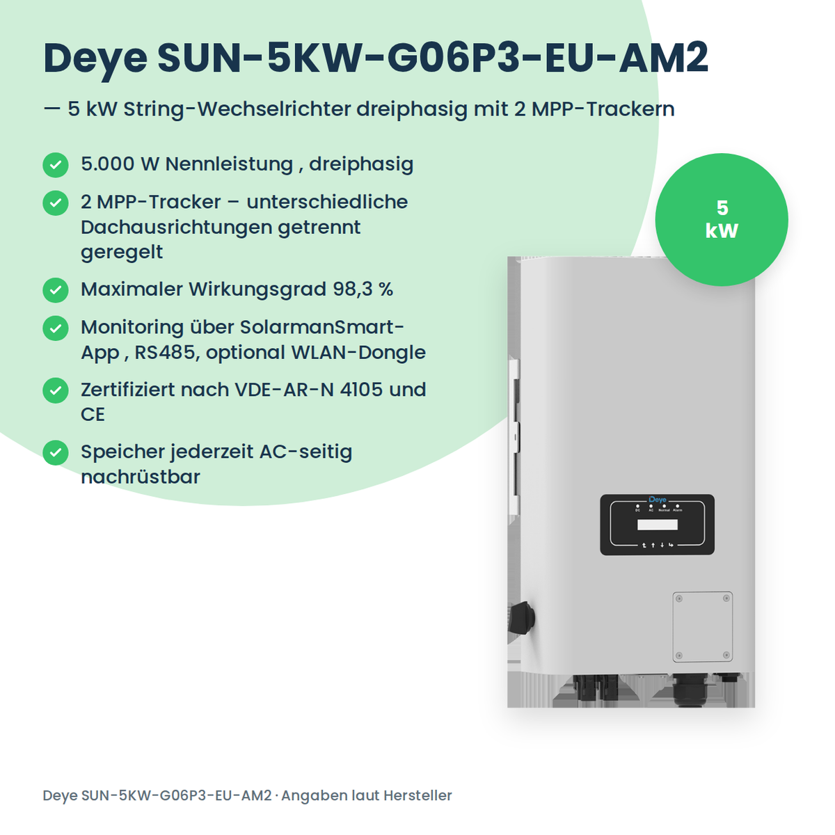 Deye SUN-5KW-G06P3-EU-AM2 – 5 kW stringomvormer driefasig met 2 MPP-Trackern