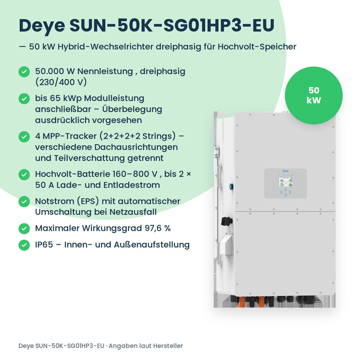 Deye SUN-50K-SG01HP3-EU – 50 kW hybride omvormer driefasig voor hoogvolt-batterijen