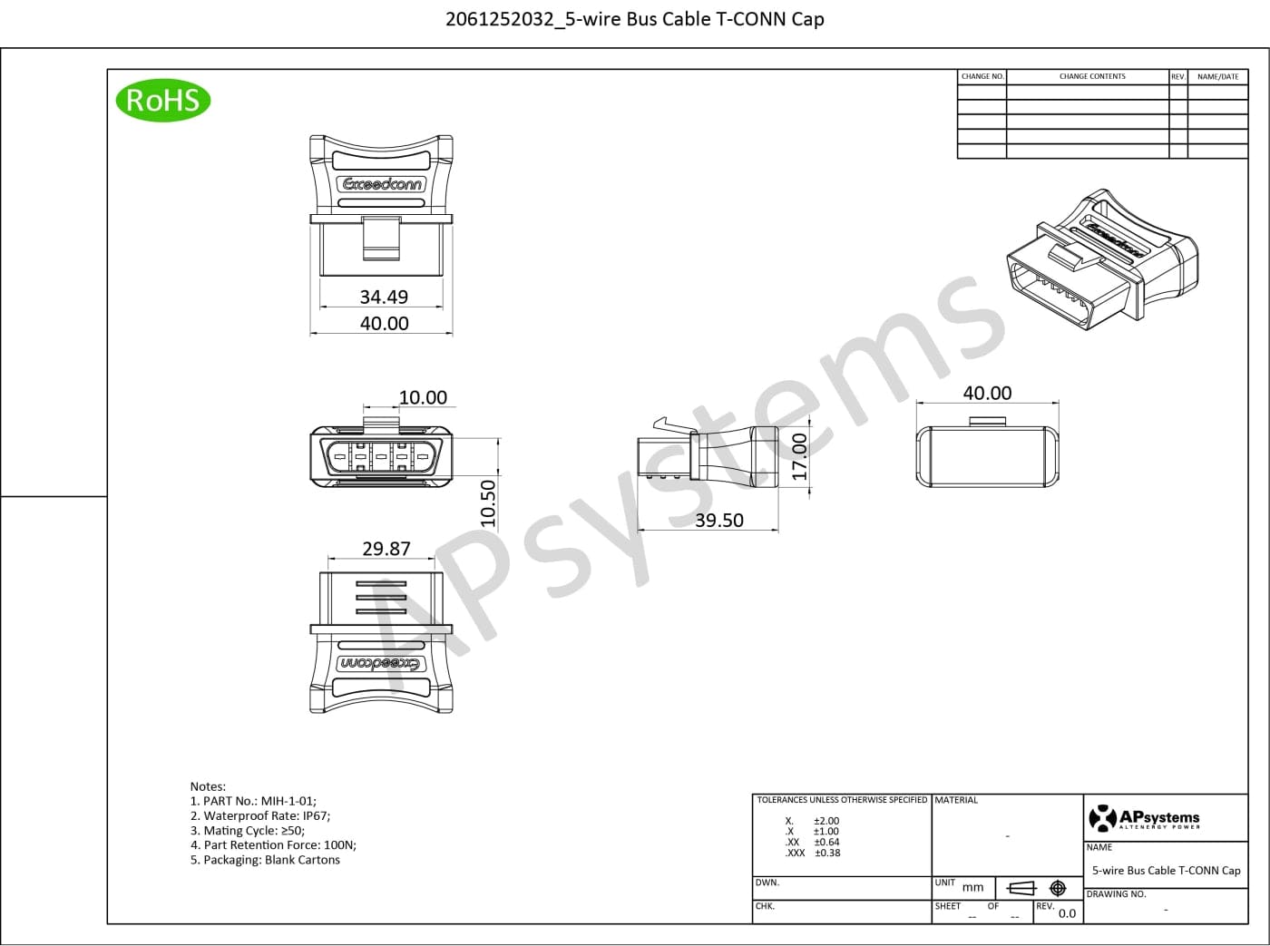 APsystems QT2 QT2D Tapa bus AC IP67 sellado instalación exterior