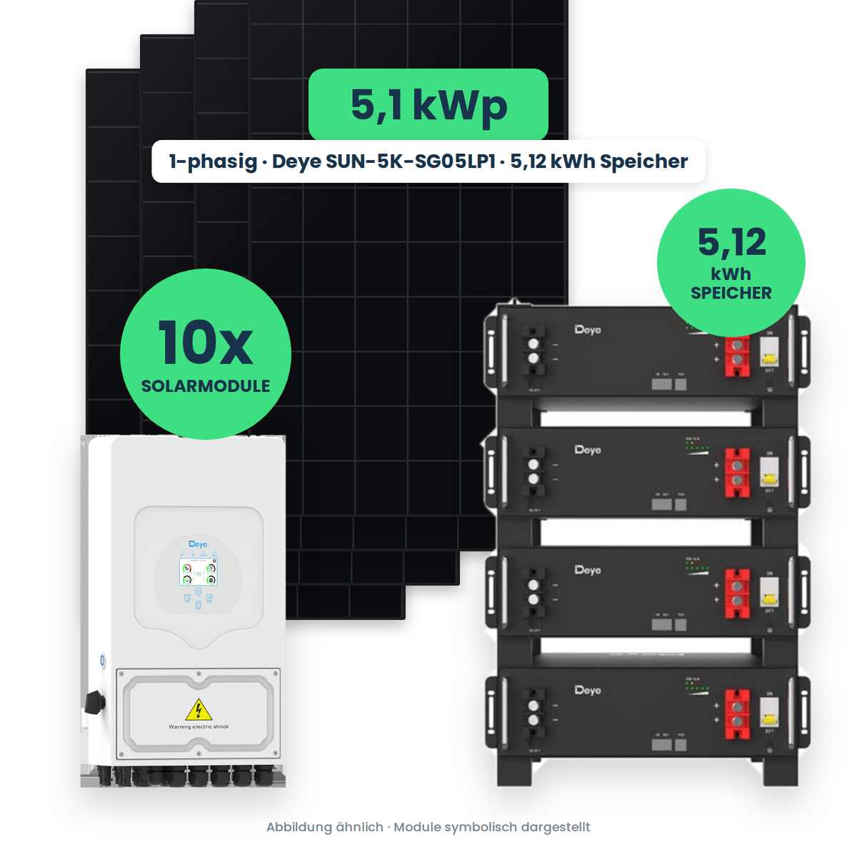 PV-Komplettset 5,1 kWp – 10× AIKO Neostar 510W + Deye SUN-5K-SG05LP1 + Deye LV SE-F5 Pro-C