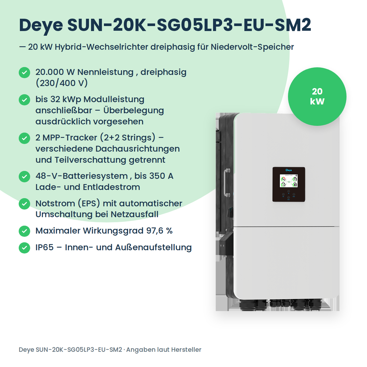 Deye SUN-20K-SG05LP3-EU-SM2 – 20 kW hybride omvormer driefasig voor laagvolt-batterijen