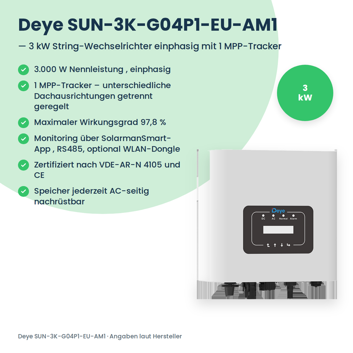 Deye SUN-3K-G04P1-EU-AM1 – 3 kW stringomvormer eenfasig met 1 MPP-Tracker