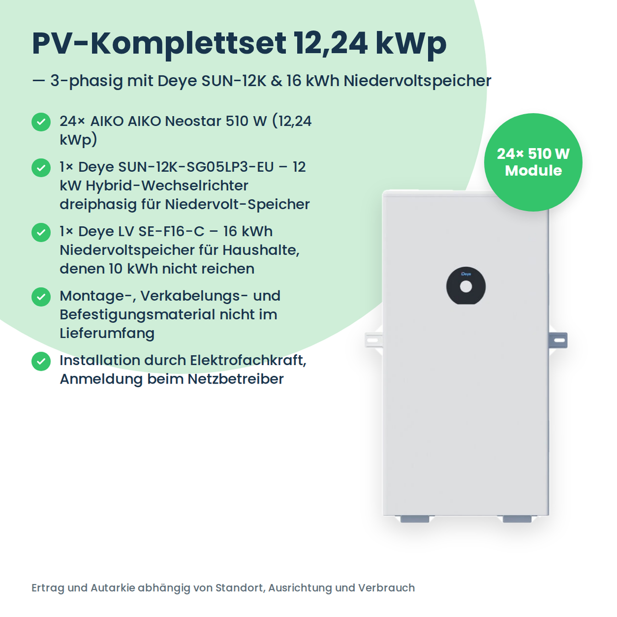 Complete PV-set 12,24 kWp 3-fasig | 24× AIKO Neostar 510W + Deye SUN-12K-SG05LP3 + Deye LV SE-F16-C