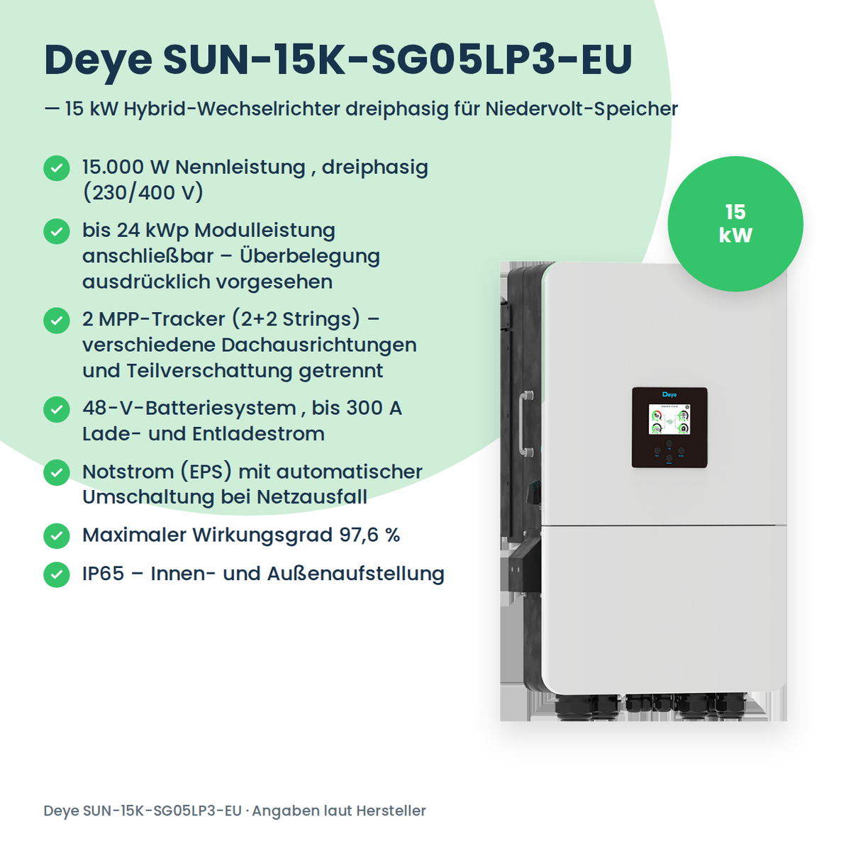 Deye SUN-15K-SG05LP3-EU – 15 kW hybride omvormer driefasig voor laagvolt-batterijen