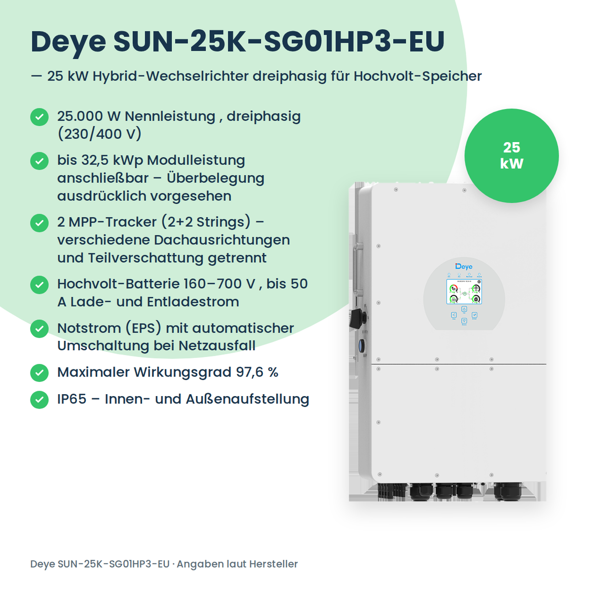 Deye SUN-25K-SG01HP3-EU – 25 kW hybride omvormer driefasig voor hoogvolt-batterijen