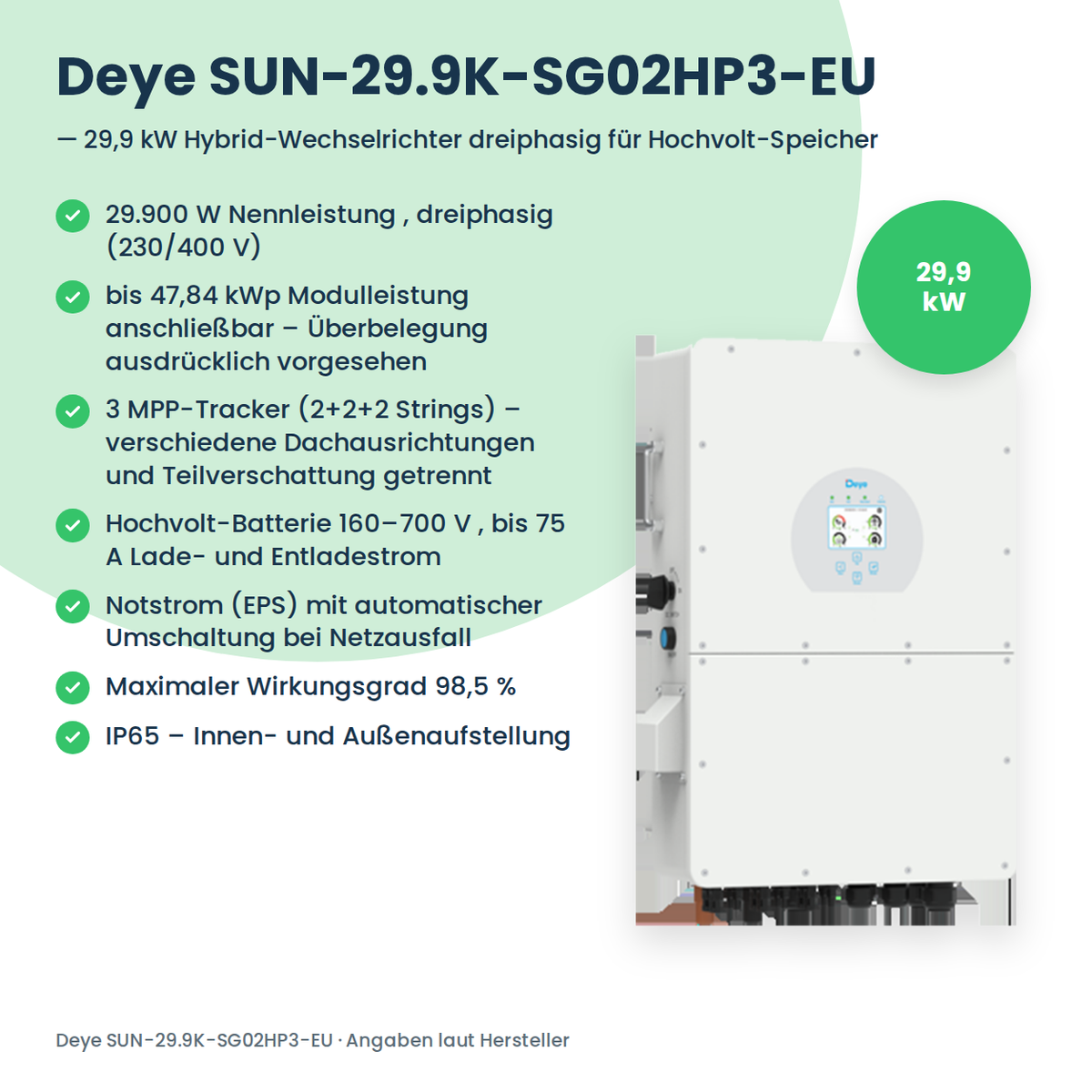 Deye SUN-29.9K-SG02HP3-EU – 29,9 kW hybride omvormer driefasig voor hoogvolt-batterijen