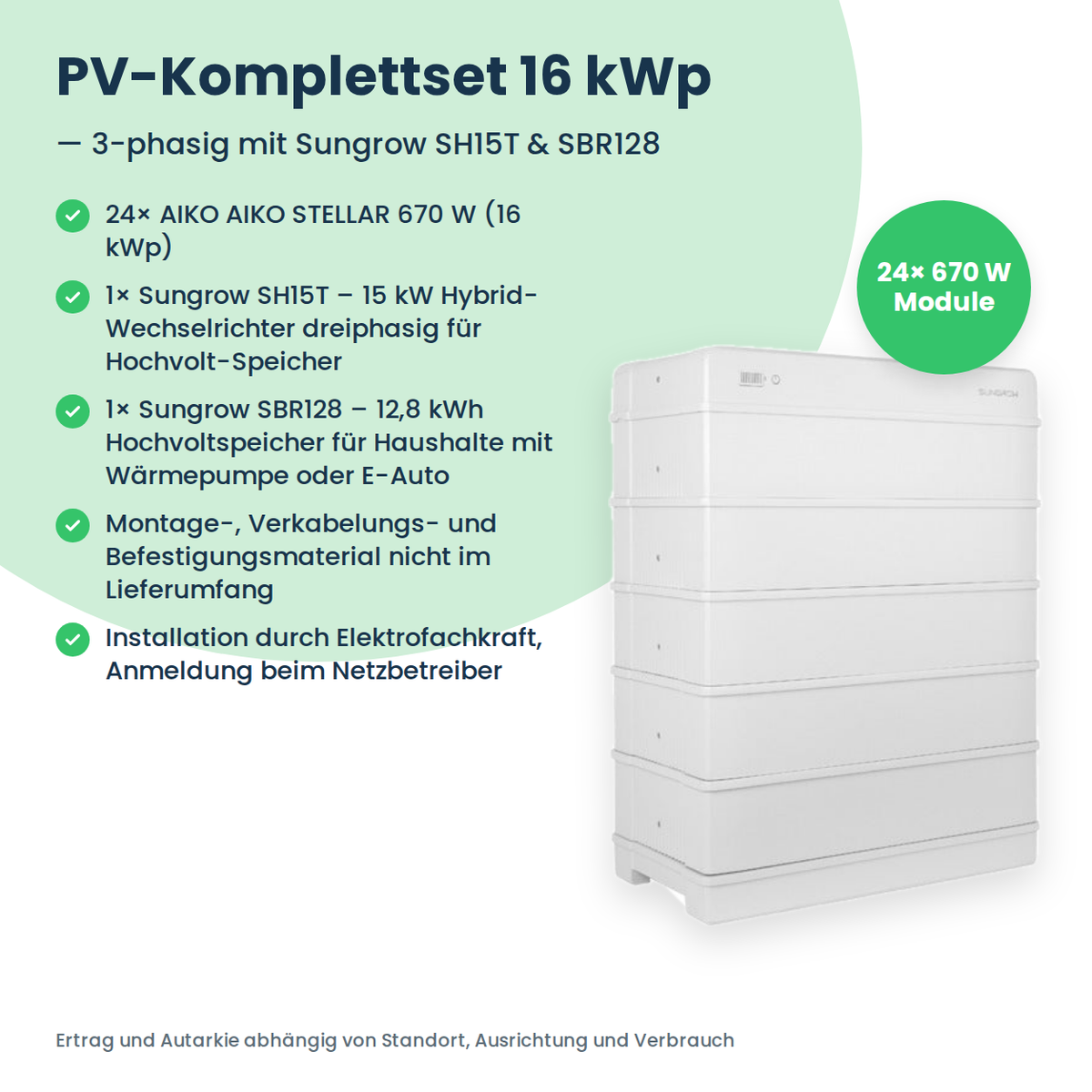 Complete PV-set 16 kWp 3-fasig | 24× AIKO STELLAR 670W + Sungrow SH15T + Sungrow SBR128