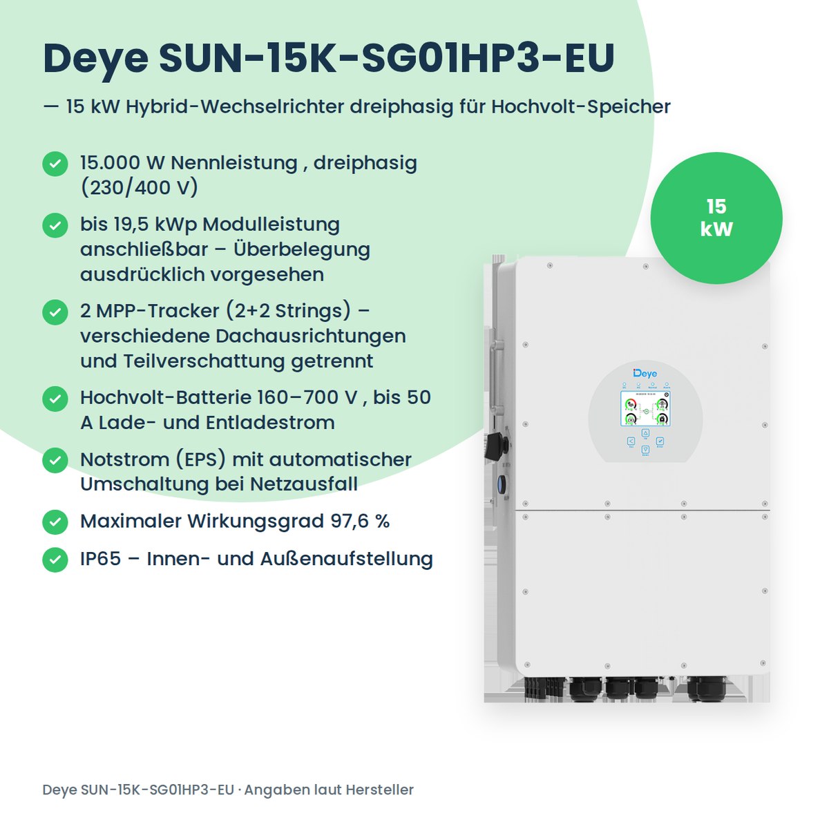 Deye SUN-15K-SG01HP3-EU – 15 kW hybride omvormer driefasig voor hoogvolt-batterijen