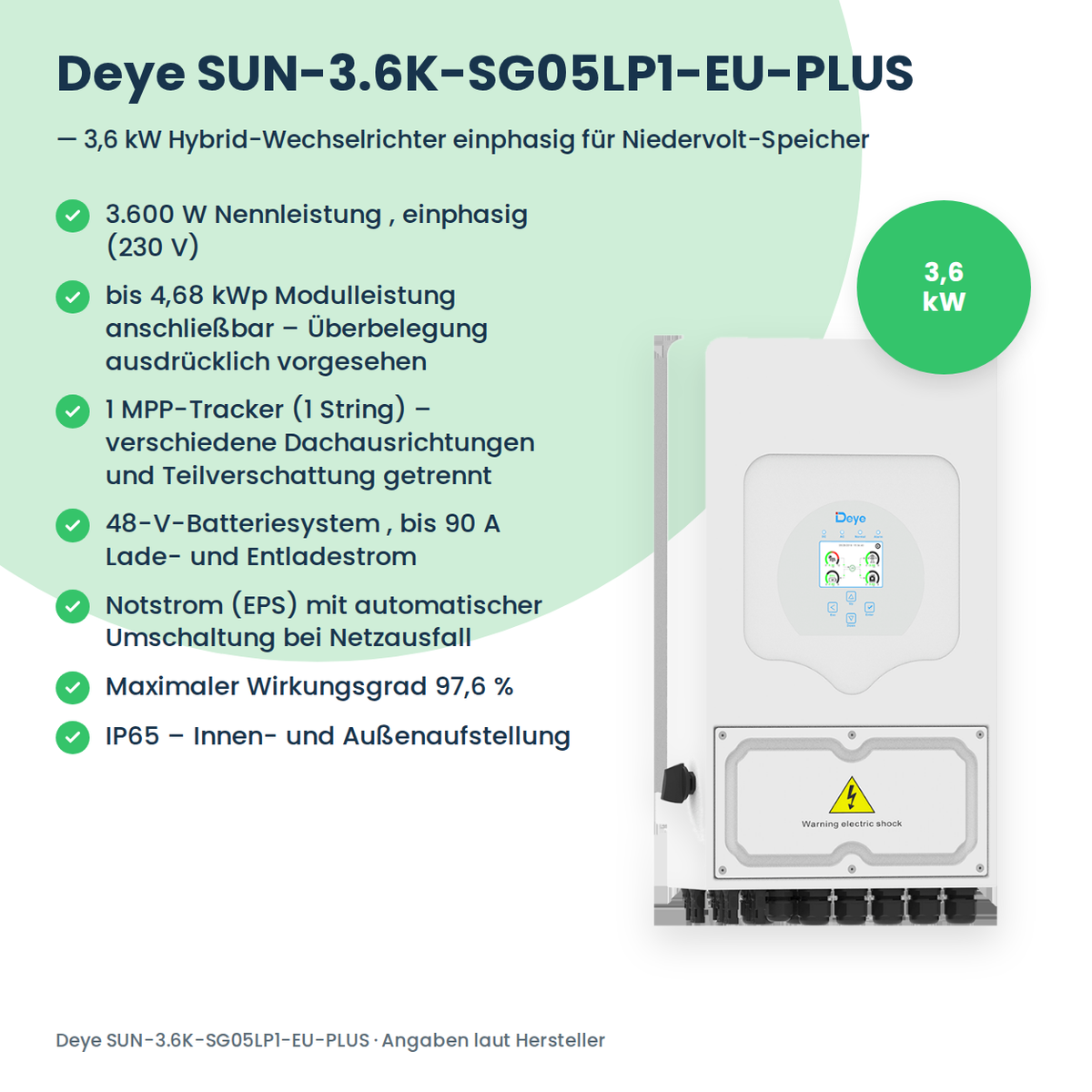 Deye SUN-3.6K-SG05LP1-EU-PLUS – 3,6 kW hybride omvormer eenfasig voor laagvolt-batterijen