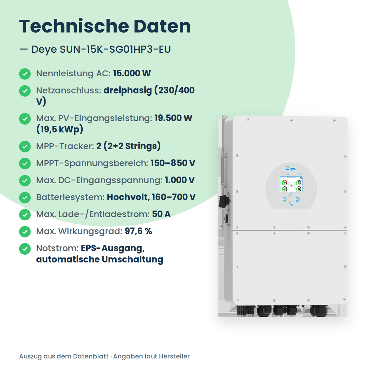 Deye SUN-15K-SG01HP3-EU – 15 kW hybride omvormer driefasig voor hoogvolt-batterijen