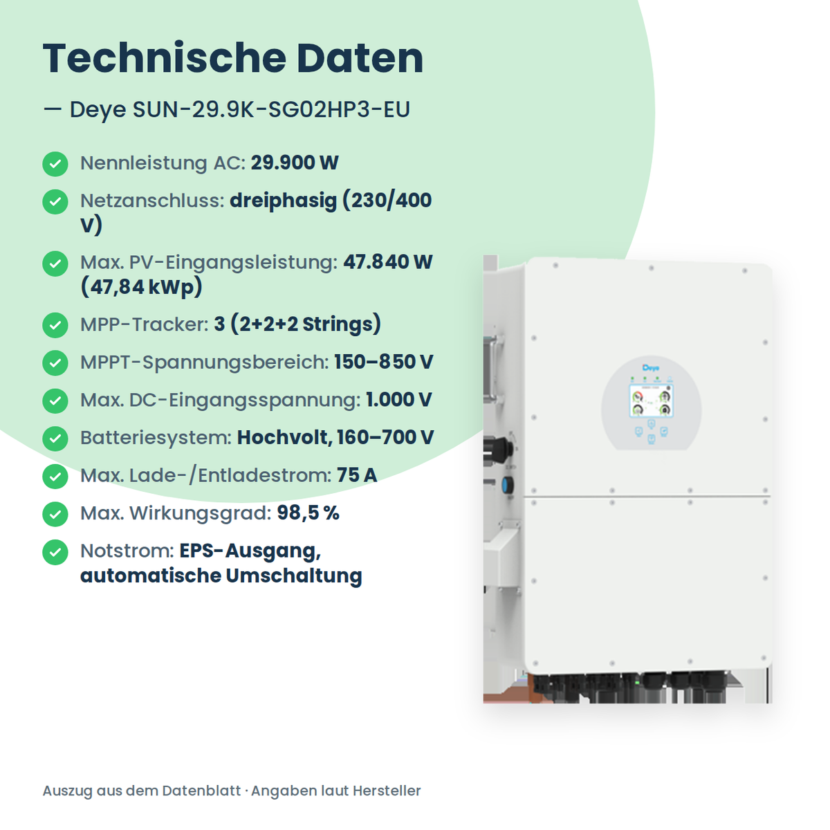 Deye SUN-29.9K-SG02HP3-EU – 29,9 kW hybride omvormer driefasig voor hoogvolt-batterijen