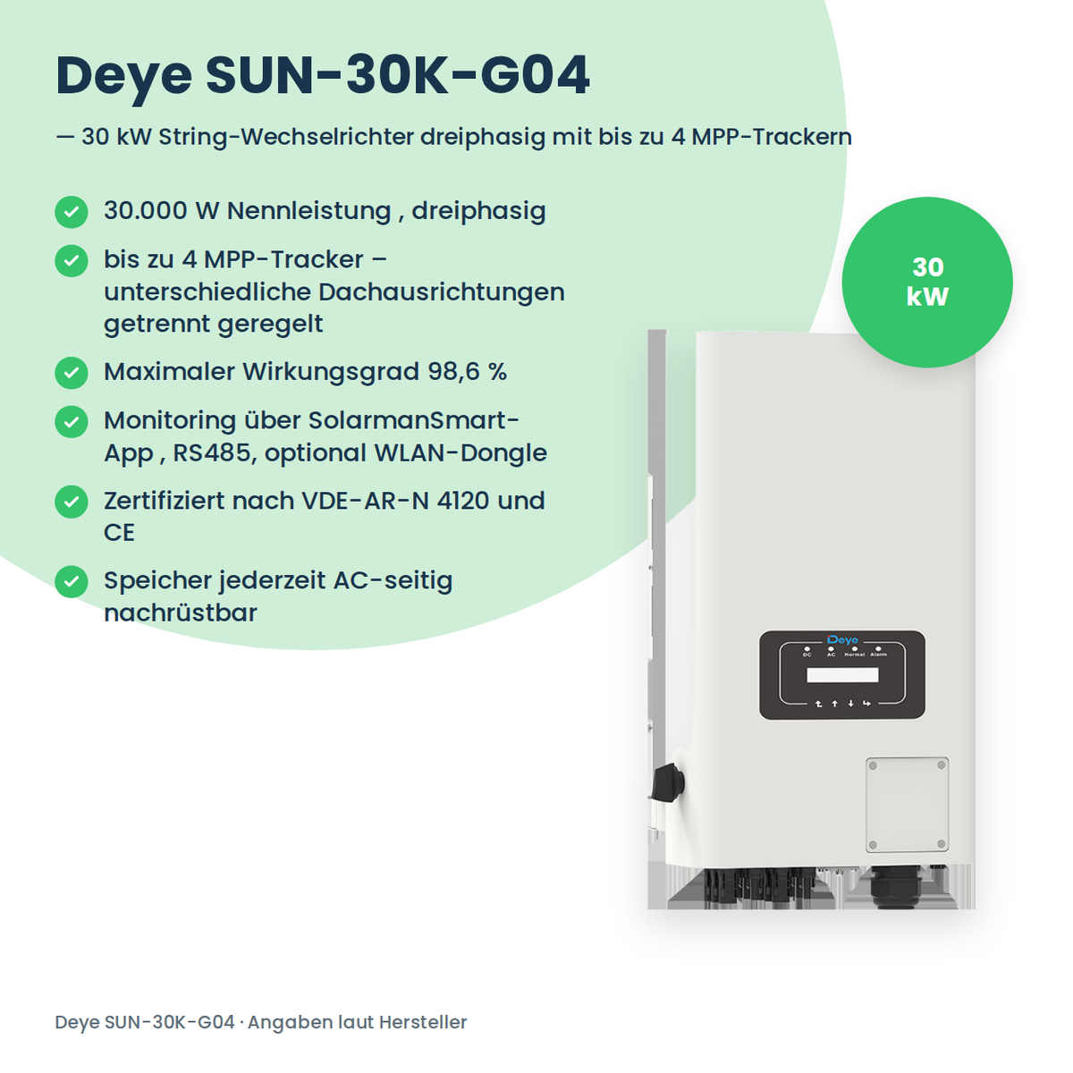 Deye SUN-30K-G04 – 30 kW stringomvormer driefasig met tot 4 MPP-Trackern