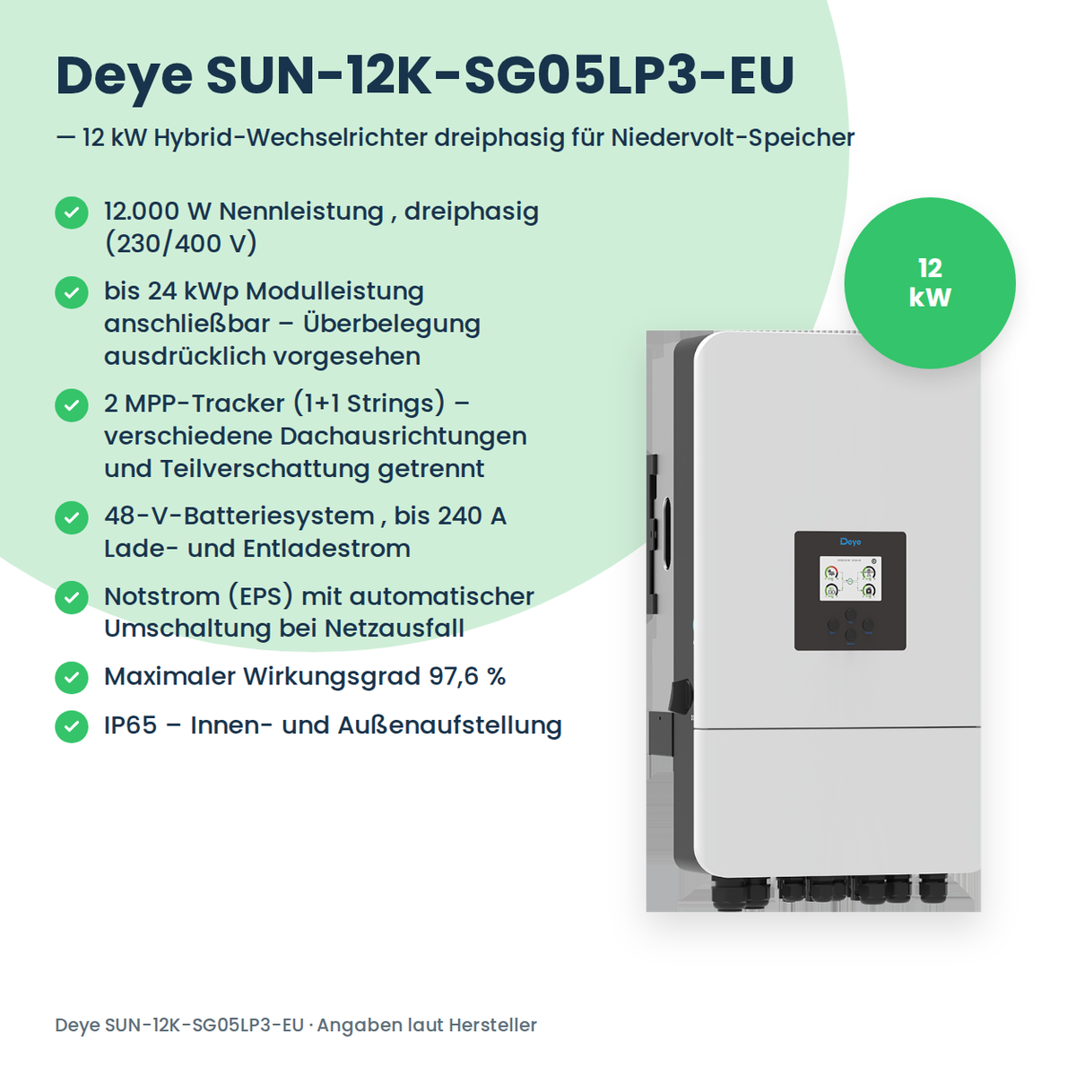 Deye SUN-12K-SG05LP3-EU – 12 kW hybride omvormer driefasig voor laagvolt-batterijen