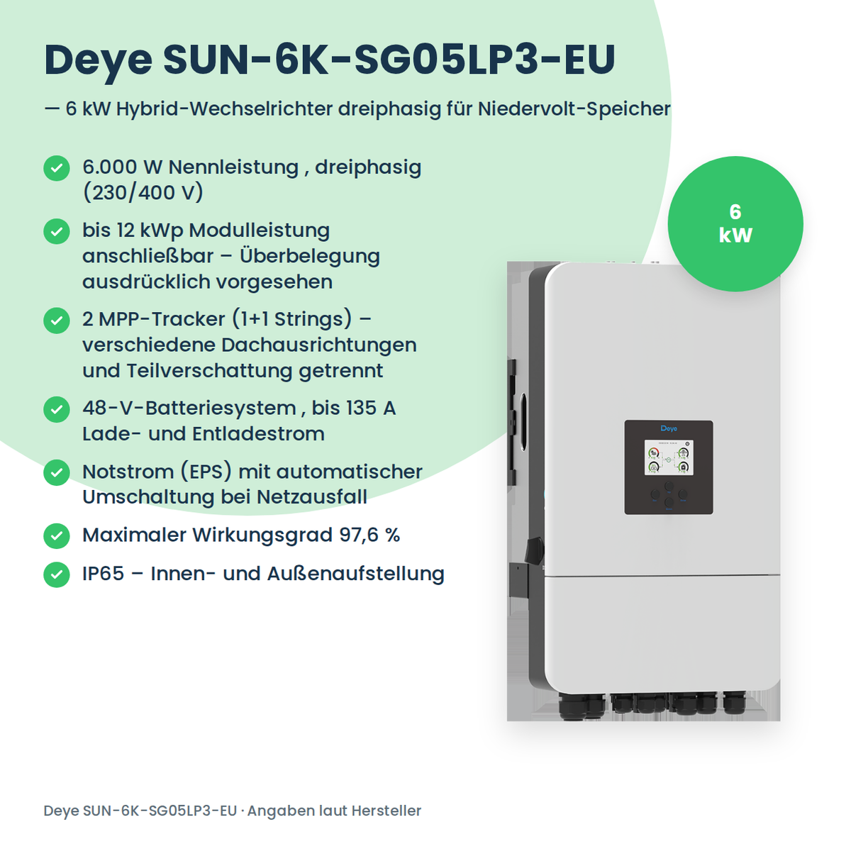Deye SUN-6K-SG05LP3-EU – 6 kW hybride omvormer driefasig voor laagvolt-batterijen