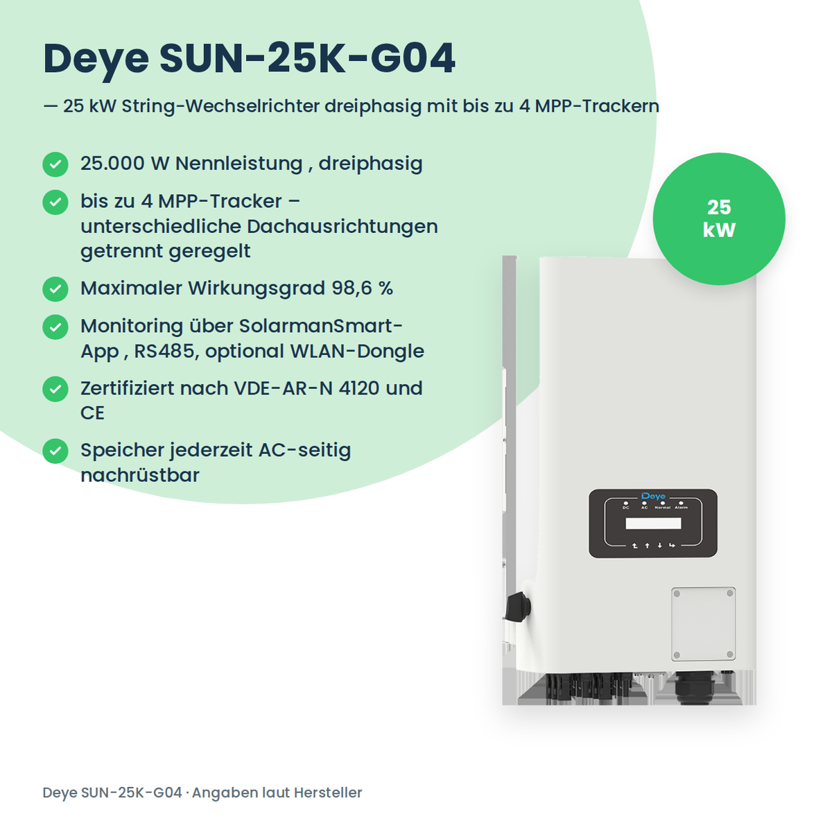 Deye SUN-25K-G04 – 25 kW stringomvormer driefasig met tot 4 MPP-Trackern