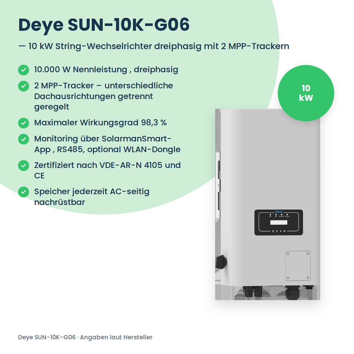 Deye SUN-10K-G06 – 10 kW stringomvormer driefasig met 2 MPP-Trackern