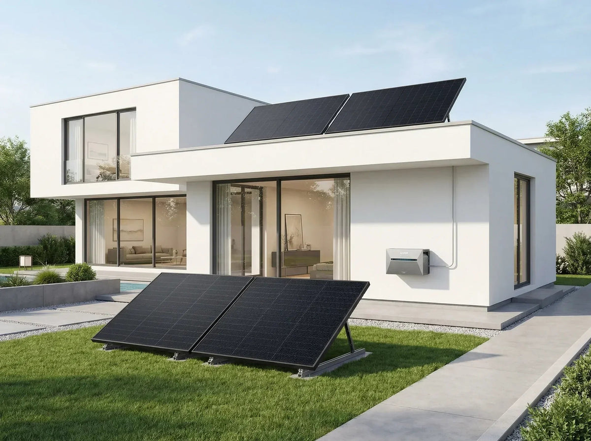 Zonnepanelen en thuisbatterij bij een moderne woning