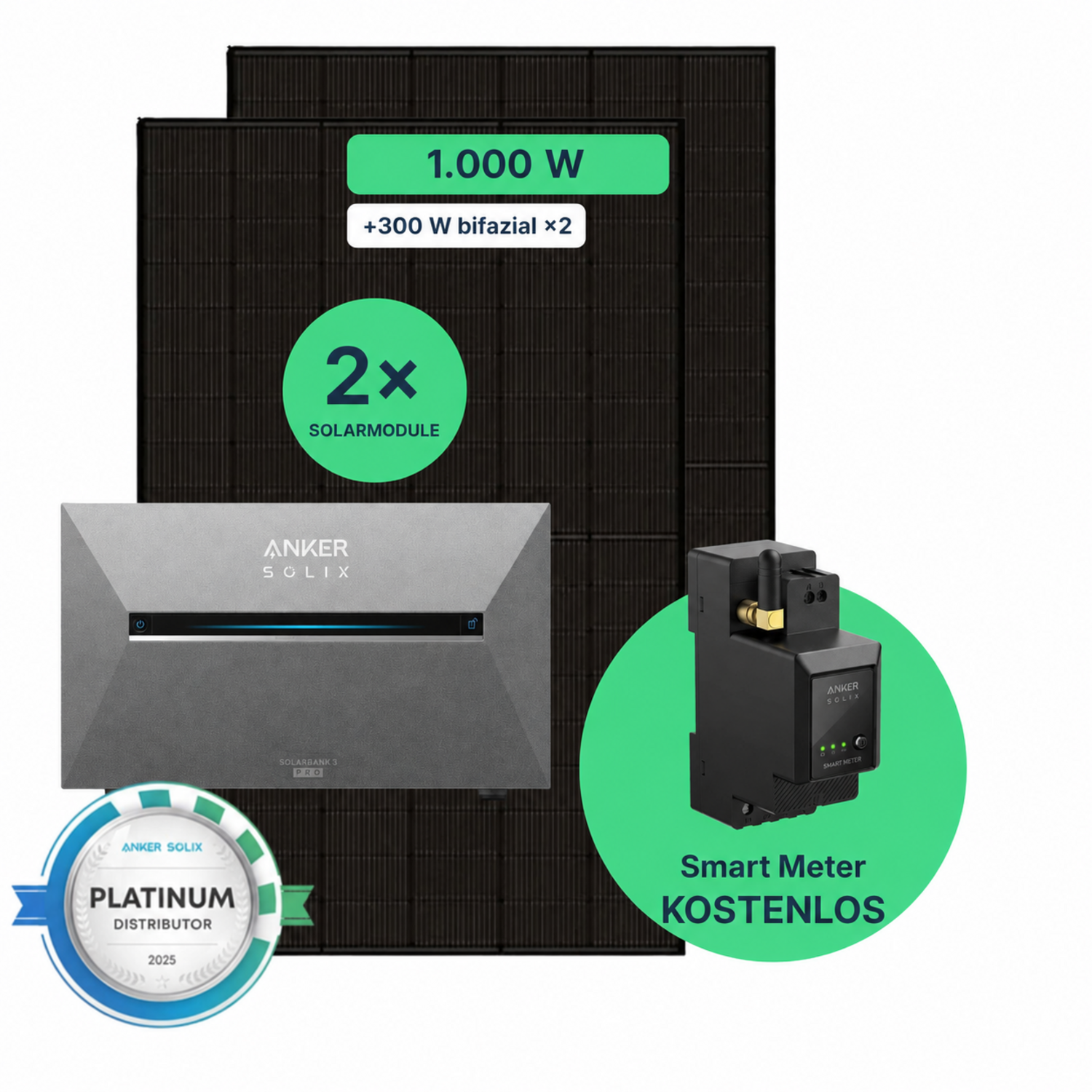 Balkonkraftwerk 1000W mit Speicher – 2× Jolywood 500W + Anker SOLIX Solarbank 3 Pro