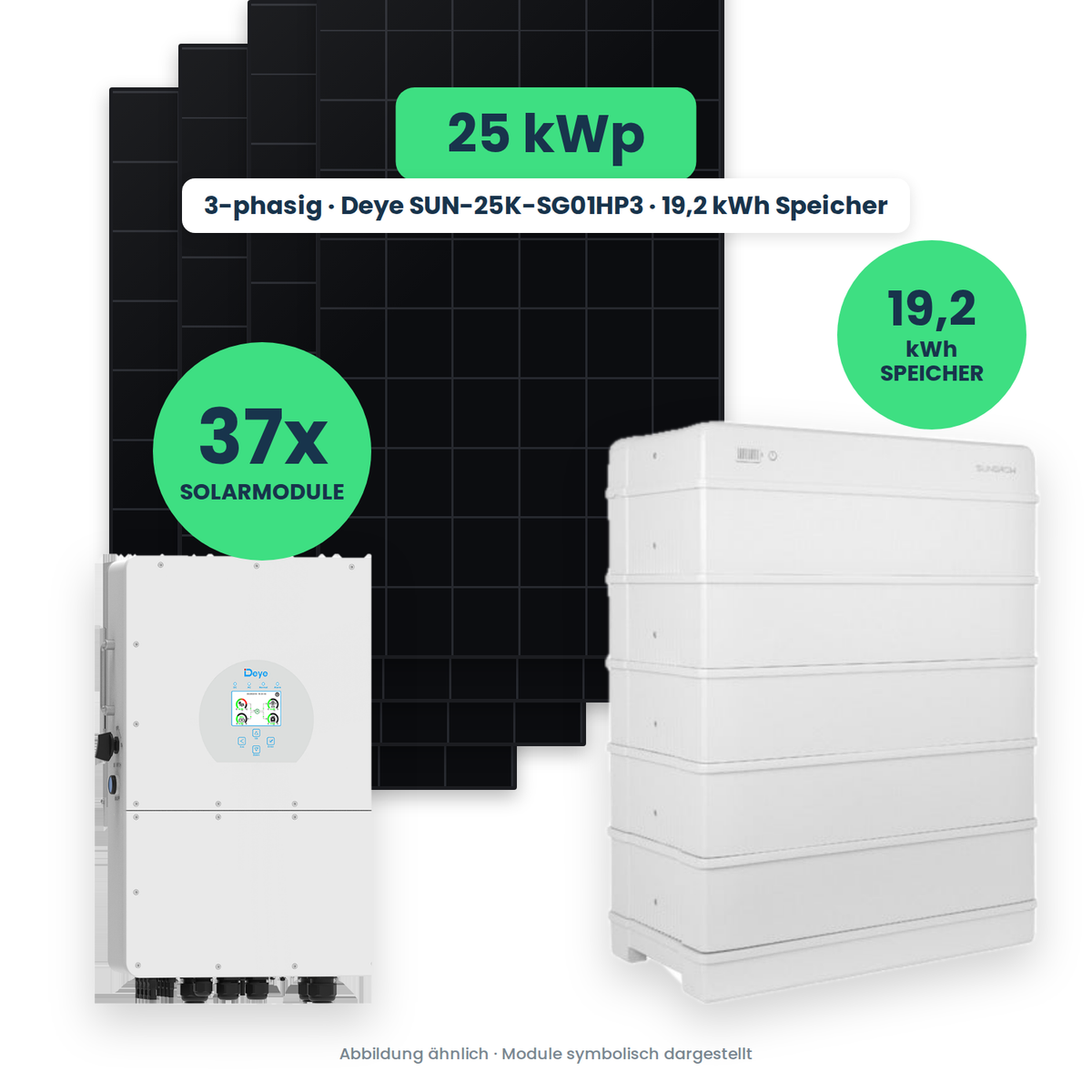 PV-Komplettset 25 kWp – 37× AIKO STELLAR 670W + Deye SUN-25K-SG01HP3 + Sungrow SBR192