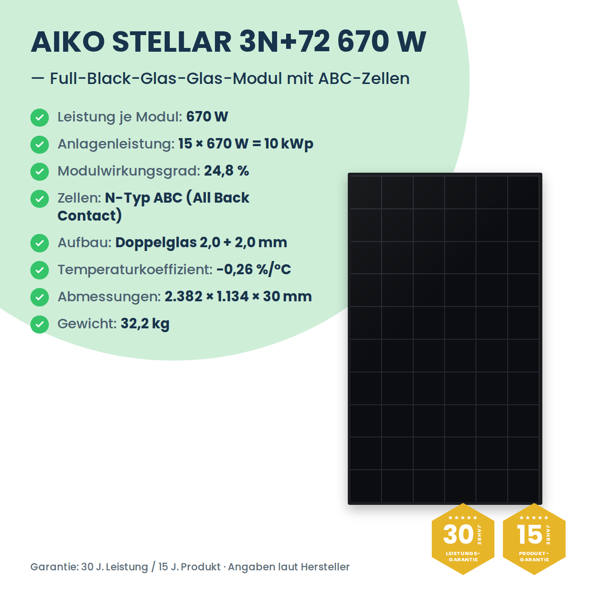 Complete PV-set 10 kWp 3-fasig | 15× AIKO STELLAR 670W + Sungrow SH10T + Sungrow SBR096