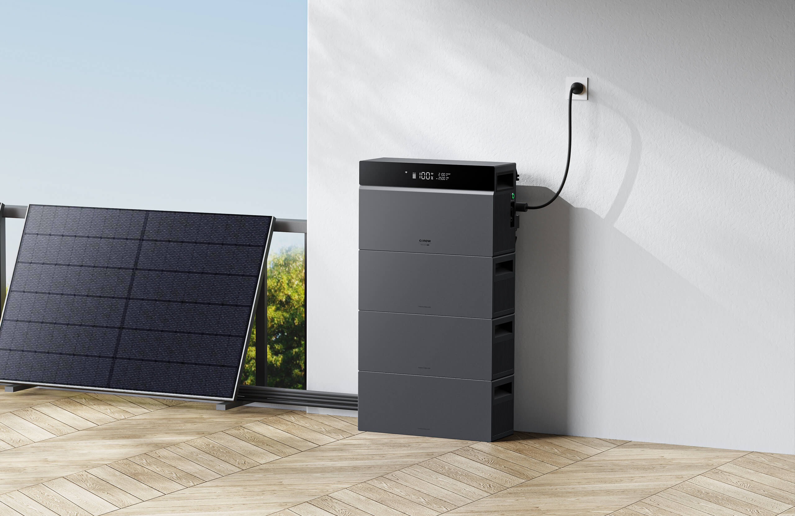 Conow CBE2000 Pro Balkonspeicher mit Solarmodul im Wohnbereich