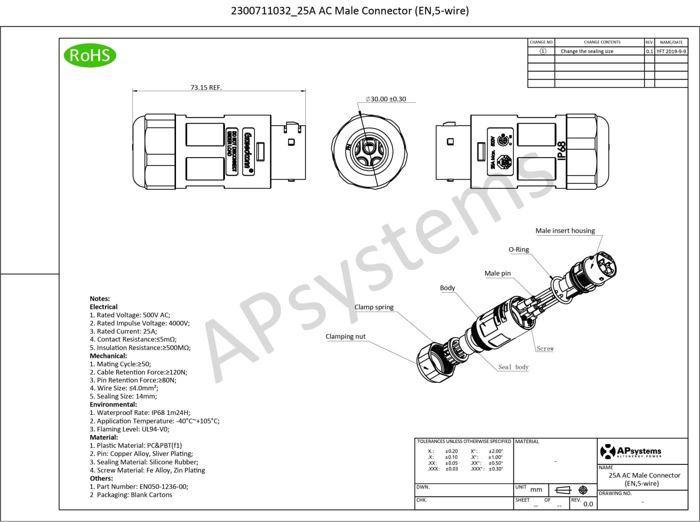 APsystems Conector AC macho 25A – Vista detalle conexión exterior