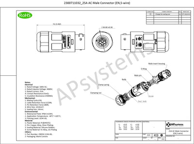 APsystems Conector AC macho 25A – Vista detalle conexión exterior
