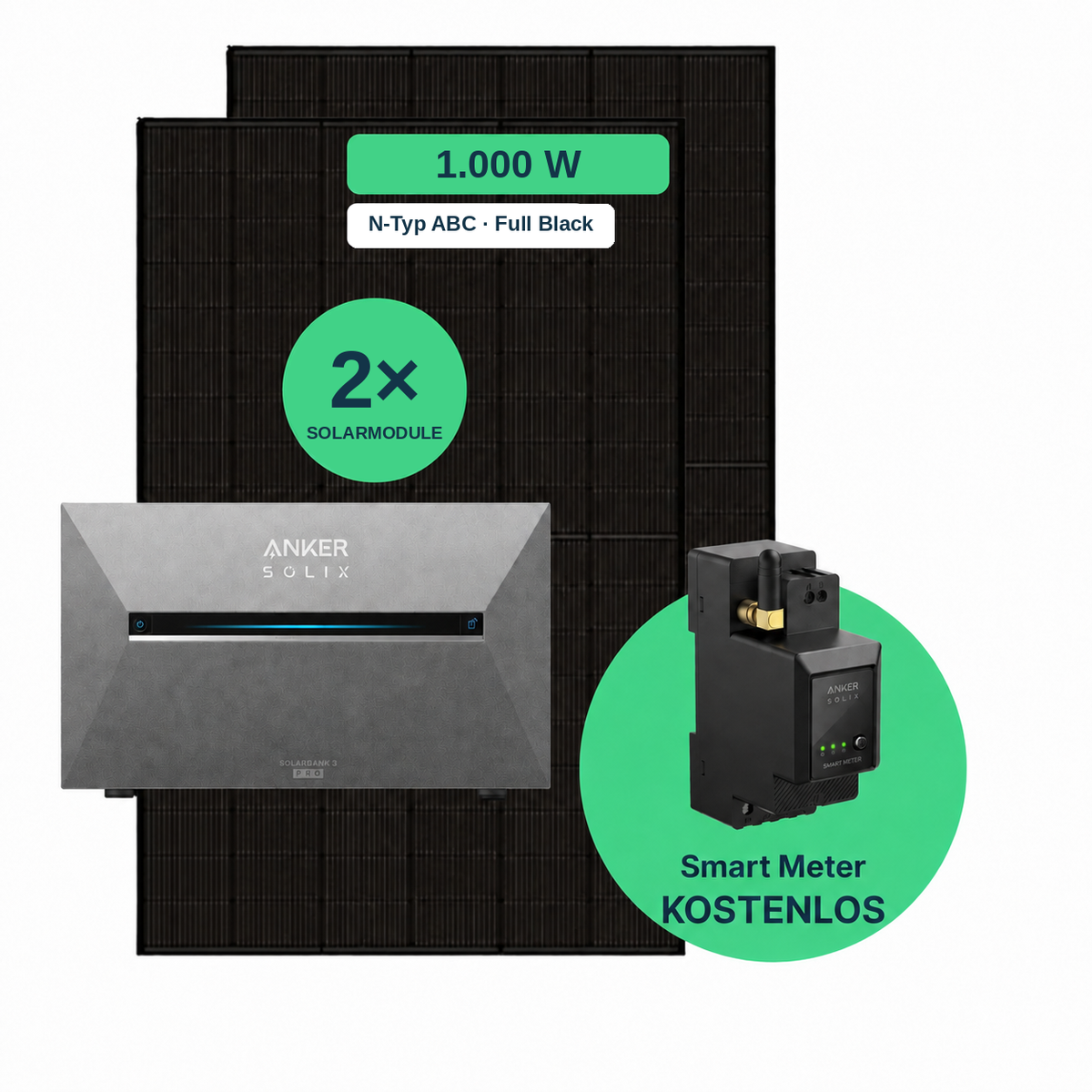 Balkonkraftwerk 1.000 W Komplettset mit 2 Solarmodulen (AIKO 500 W Full Black), Anker SOLIX Solarbank 3 Pro und gratis Smart Meter