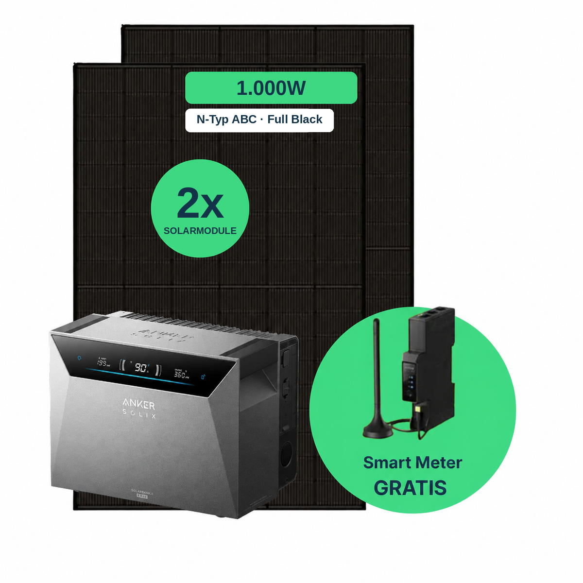 Balkonkraftwerk 1.000 W Komplettset mit 2 Solarmodulen (AIKO 500 W Full Black), Anker SOLIX Solarbank 4 Pro und gratis Smart Meter