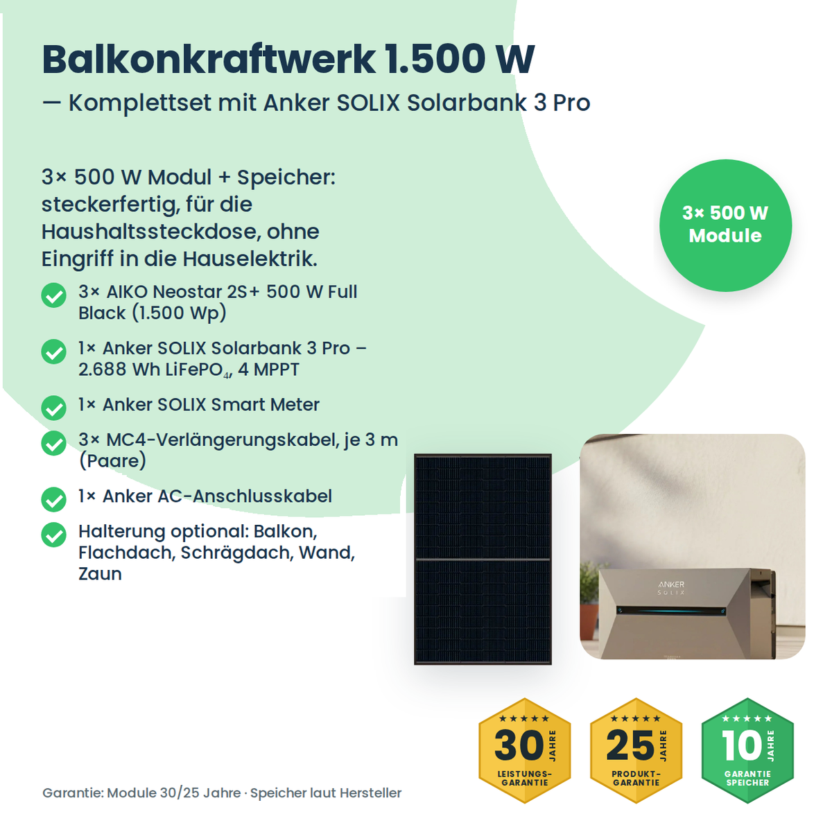 Balkonkraftwerk 1500W mit AIKO-Modulen und Solarbank 3 Pro – Lieferumfang des Komplettsets