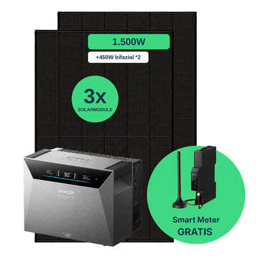 Balkonkraftwerk 1.500 W Komplettset mit 3 Solarmodulen (Jolywood 500 W bifazial), Anker SOLIX Solarbank 4 Pro und gratis Smart Meter
