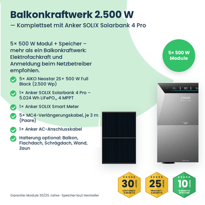 Balkonkraftwerk 2500W mit AIKO-Modulen und Speicher – Lieferumfang des Komplettsets