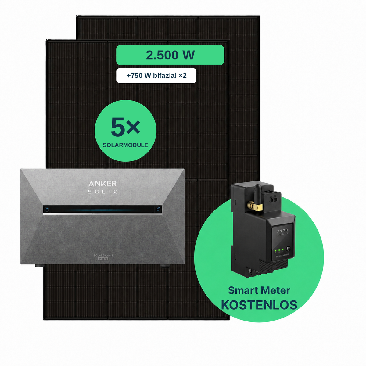 Balkonkraftwerk 2.500 W Komplettset mit 5 Solarmodulen (Jolywood 500 W bifazial), Anker SOLIX Solarbank 3 Pro und gratis Smart Meter