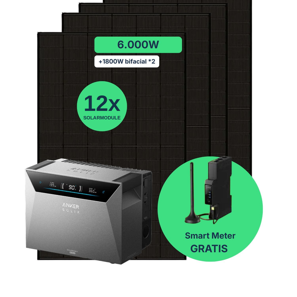 Balkonkraftwerk 6.000 W Komplettset mit 12 Solarmodulen (Jolywood 500 W bifazial), Anker SOLIX Solarbank 4 Pro und gratis Smart Meter