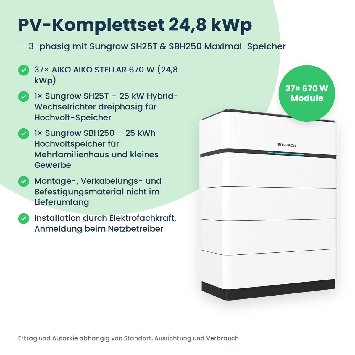 Complete PV-set 24,8 kWp 3-fasig | 37× AIKO STELLAR 670W + Sungrow SH25T + Sungrow SBH250