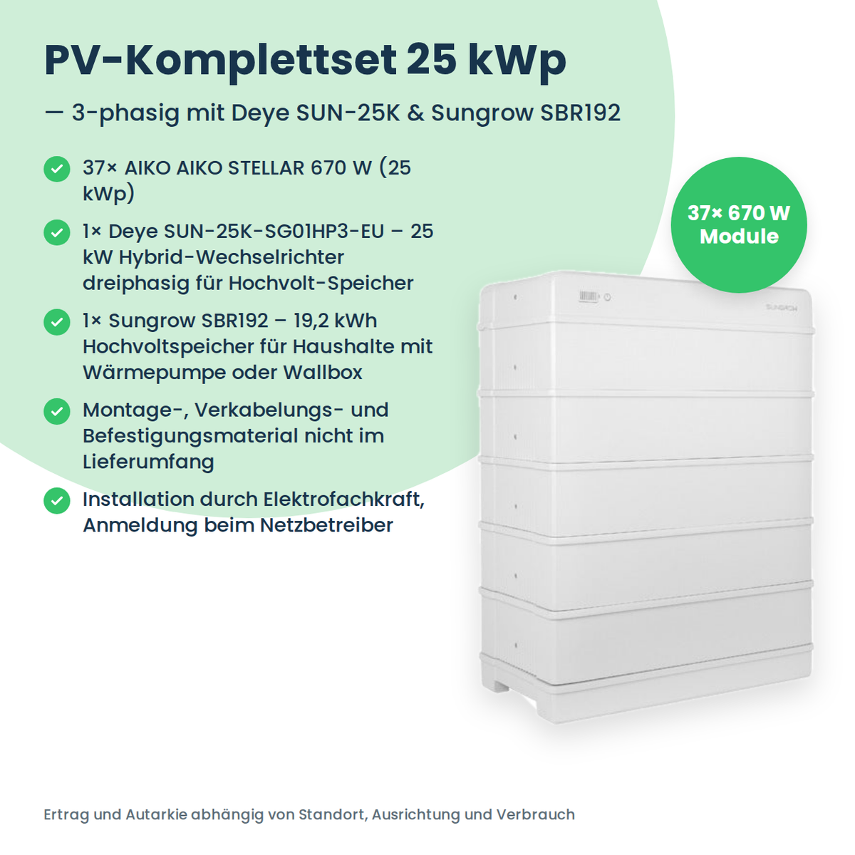 Complete PV-set 25 kWp 3-fasig | 37× AIKO STELLAR 670W + Deye SUN-25K-SG01HP3 + Sungrow SBR192