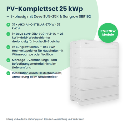 Complete PV-set 25 kWp 3-fasig | 37× AIKO STELLAR 670W + Deye SUN-25K-SG01HP3 + Sungrow SBR192