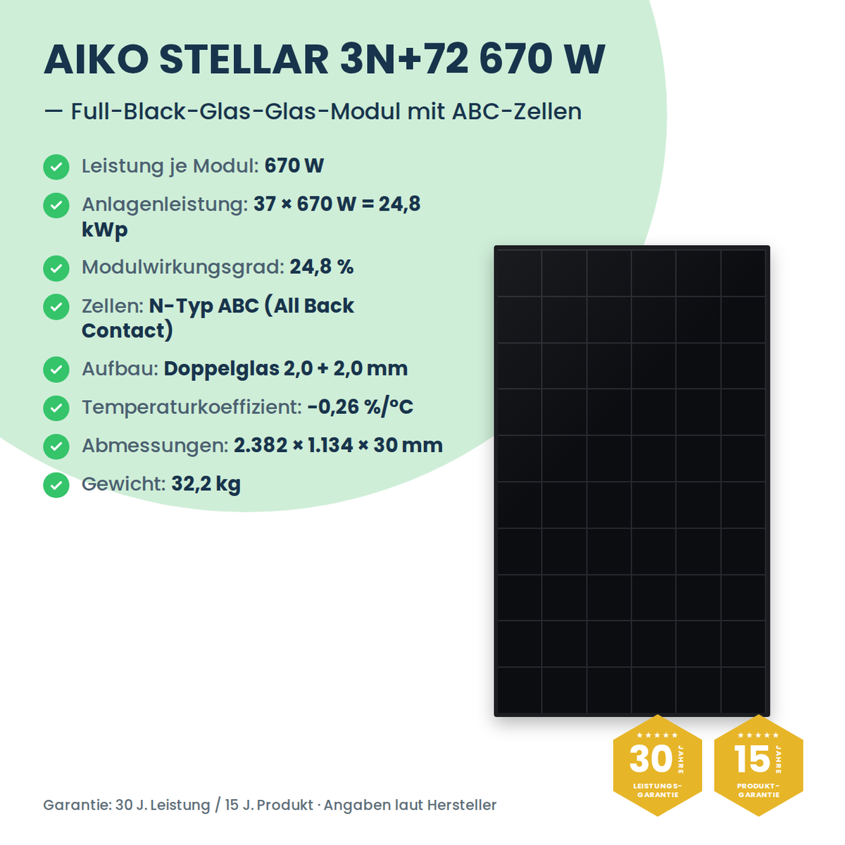 Complete PV-set 24,8 kWp 3-fasig | 37× AIKO STELLAR 670W + Sungrow SH25T + Sungrow SBH250