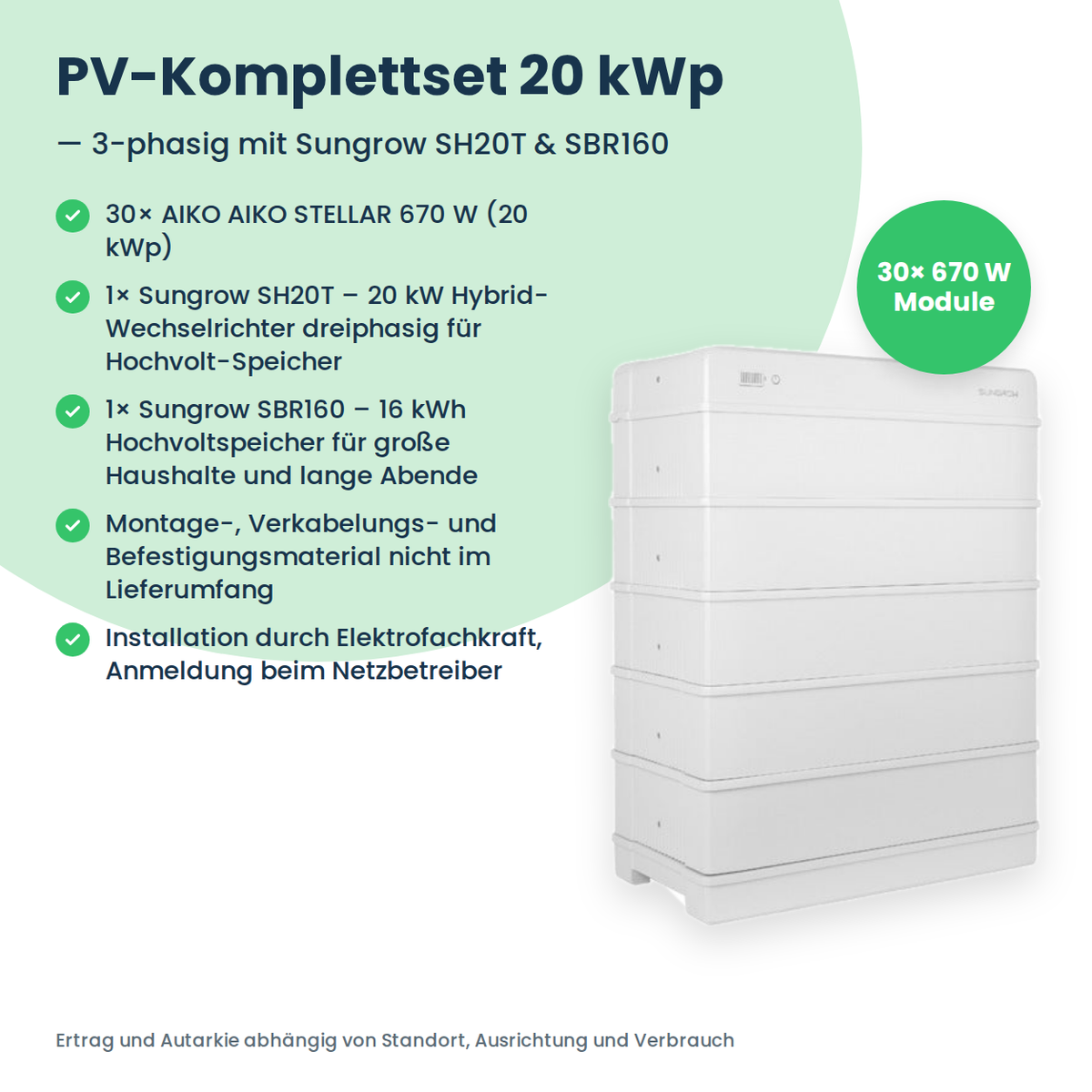 Complete PV-set 20 kWp 3-fasig | 30× AIKO STELLAR 670W + Sungrow SH20T + Sungrow SBR160