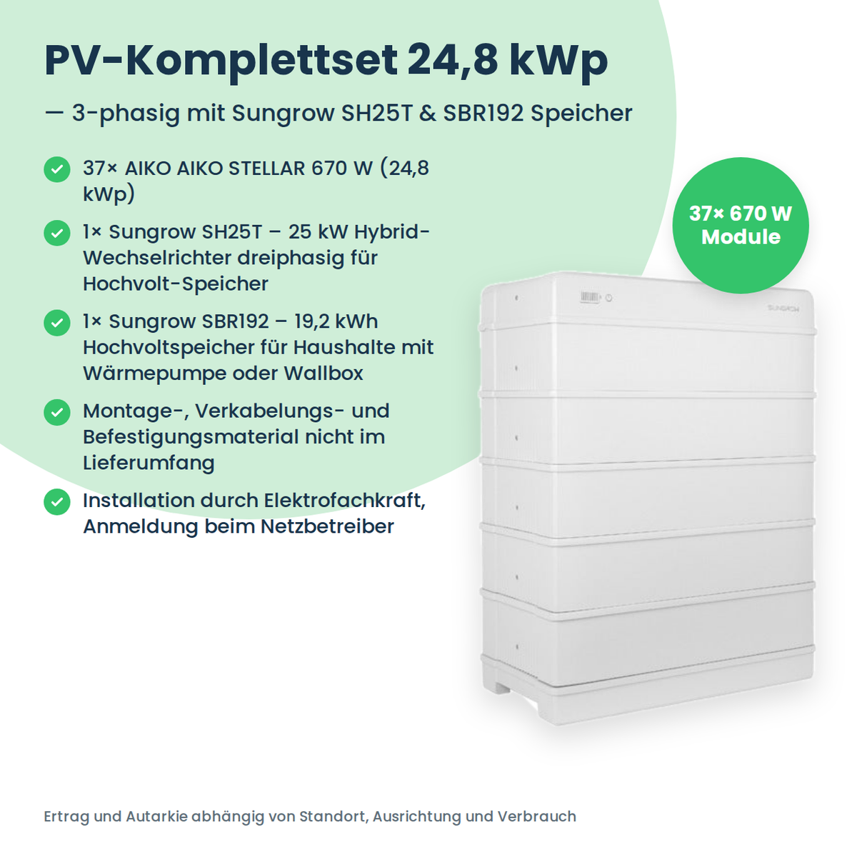 Complete PV-set 24,8 kWp 3-fasig | 37× AIKO STELLAR 670W + Sungrow SH25T + Sungrow SBR192