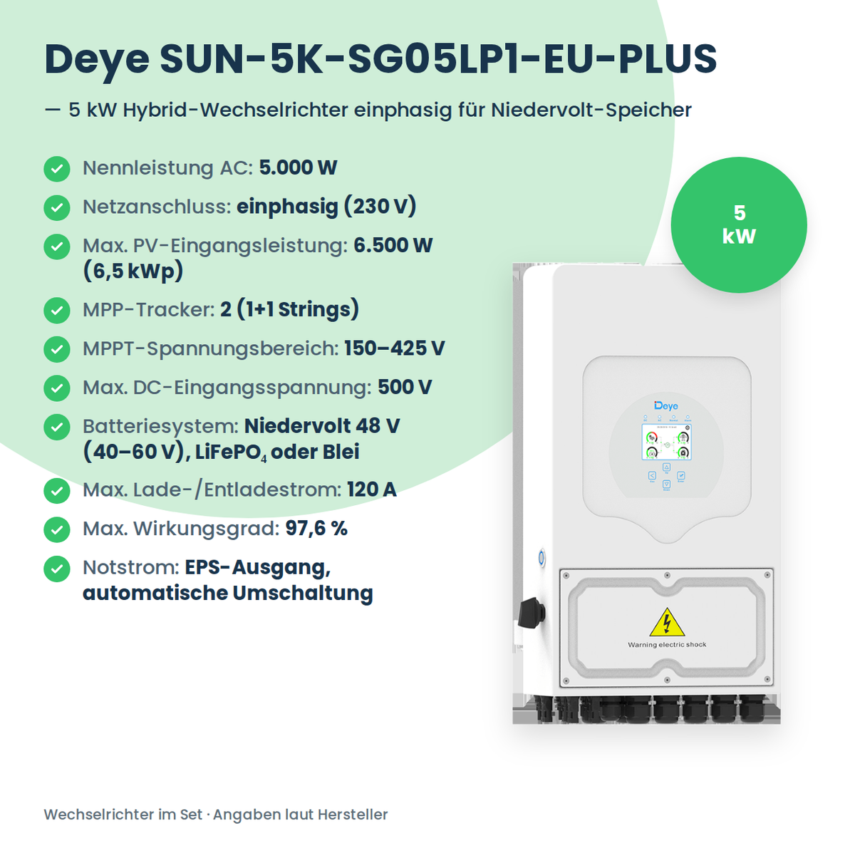 Complete PV-set 5,1 kWp | 10× AIKO Neostar 510W + Deye SUN-5K-SG05LP1 + Deye LV SE-F5 Pro-C